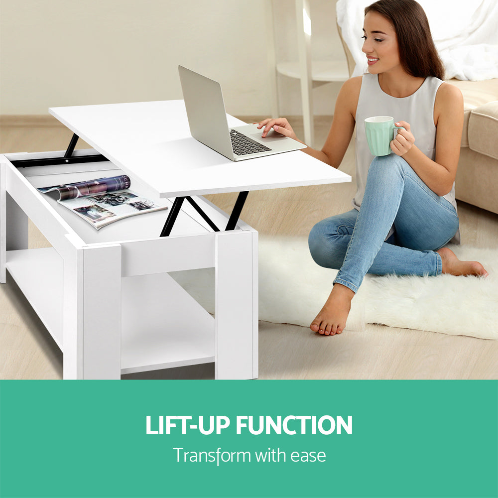 White lift-top coffee table with lift-up top and front storage cabinet