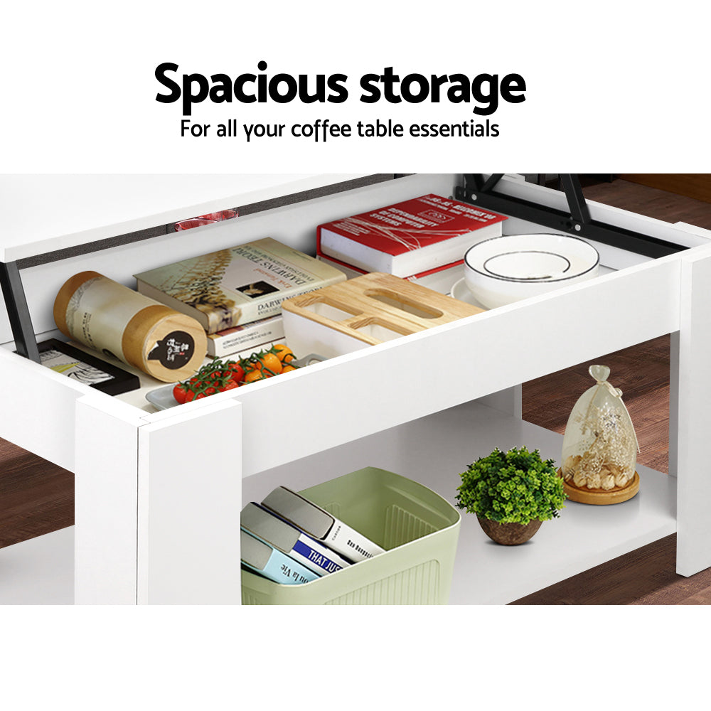 White lift-top coffee table with open inner storage tray and side compartments