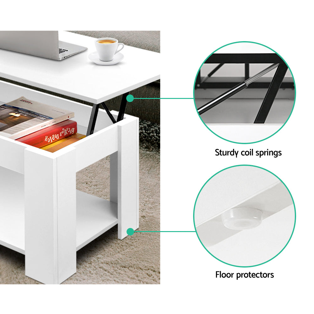 White lift-top coffee table showing coil lift support and floor protectors
