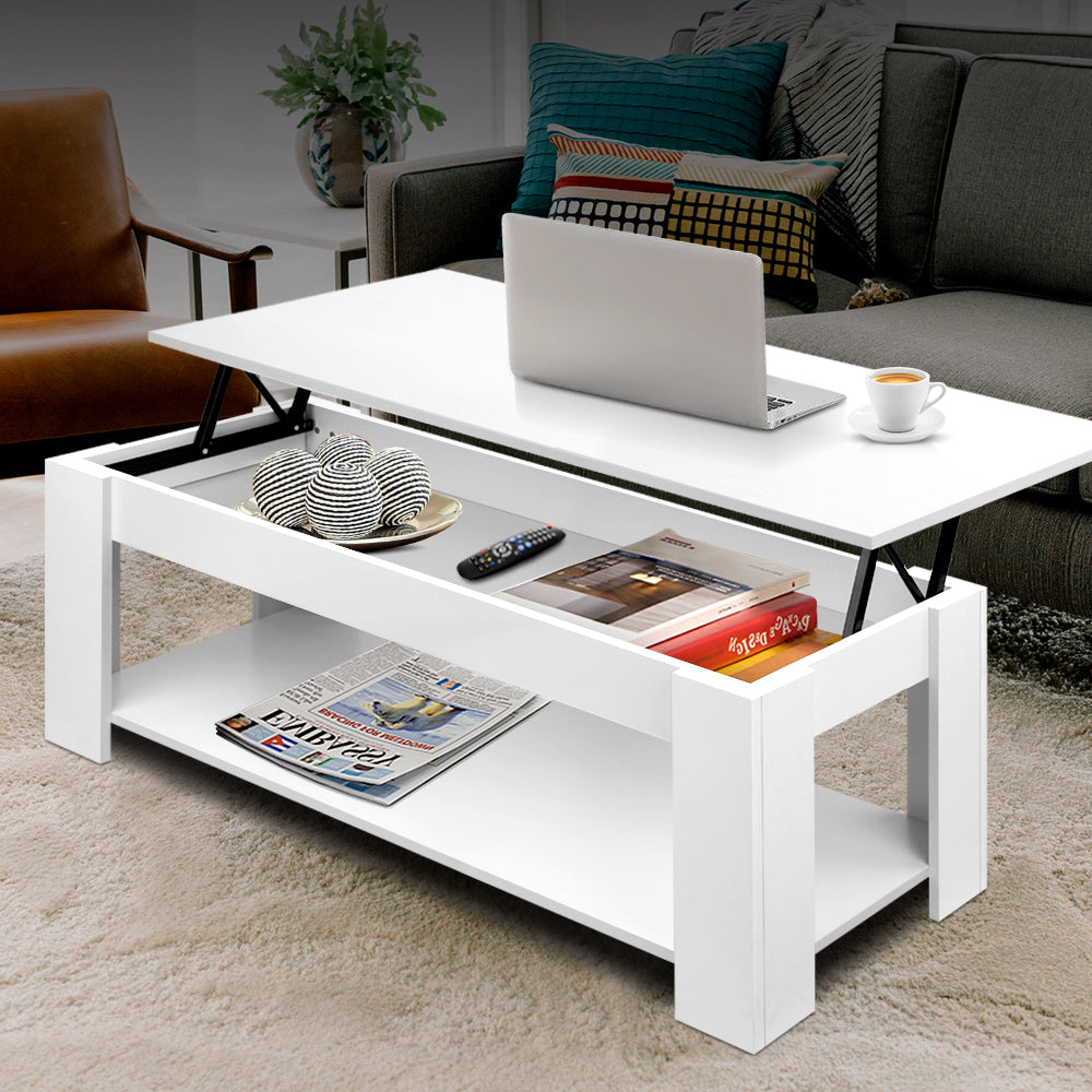 White lift-top coffee table with open drawer-style shelves and raised top