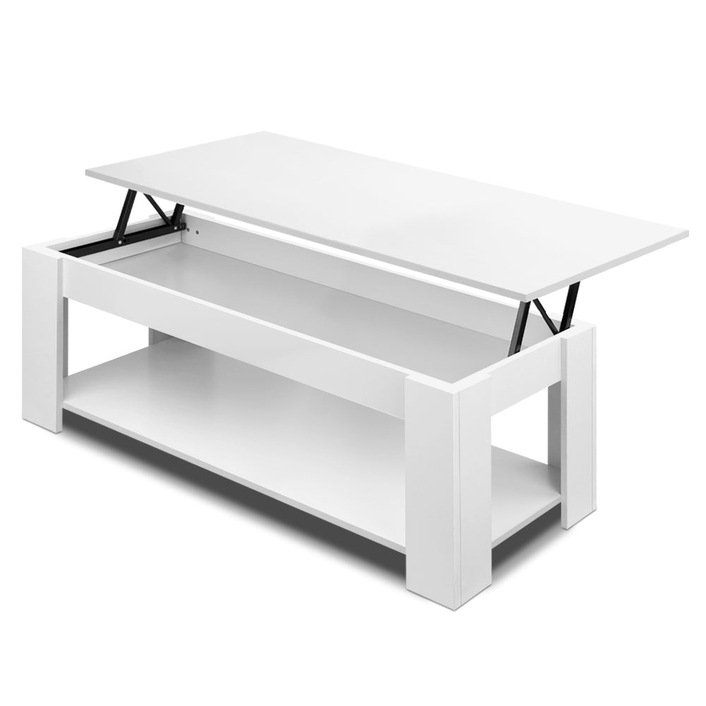White lift-top coffee table with lifted top exposing inner storage area