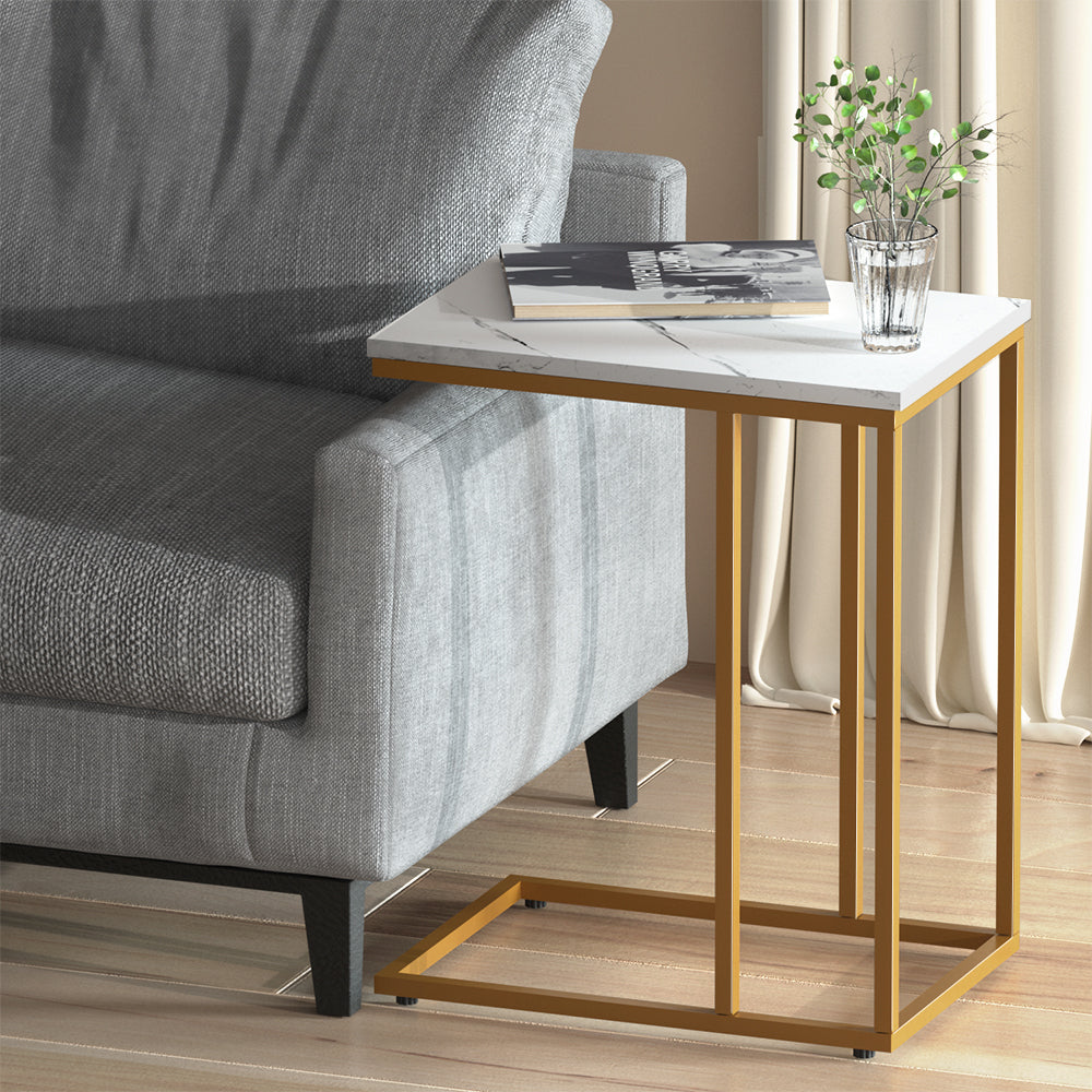 Marble-effect side table with white top and light wood legs, open lower shelf