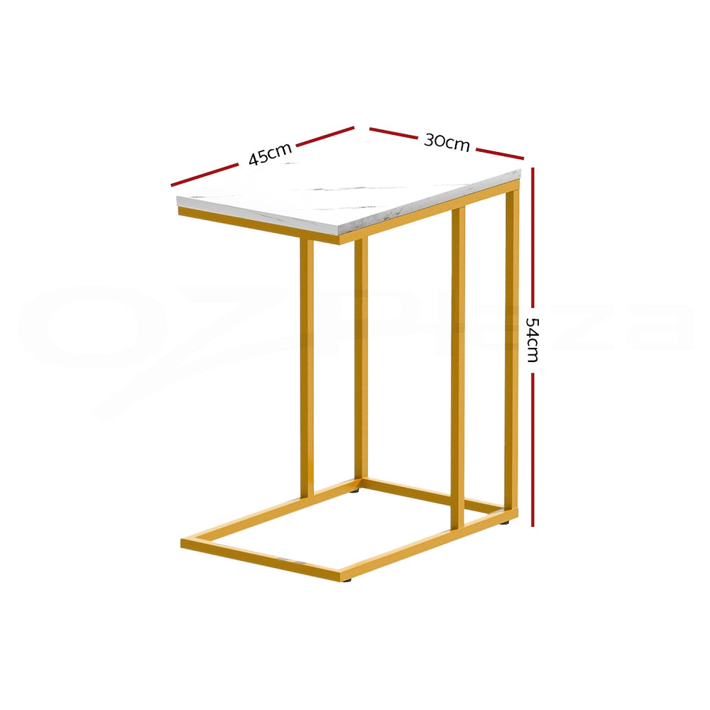 Marble-effect side table with white top, light wood frame, and open lower shelf