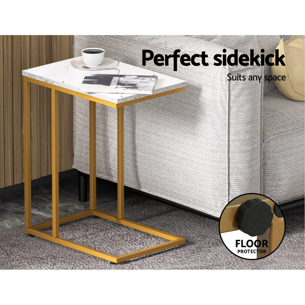 Marble-effect side table with white top and light wood frame, lower shelf