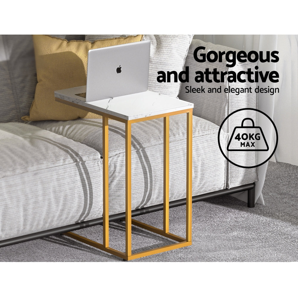 Marble-effect side table with white marble-effect top and light wood legs, open shelf