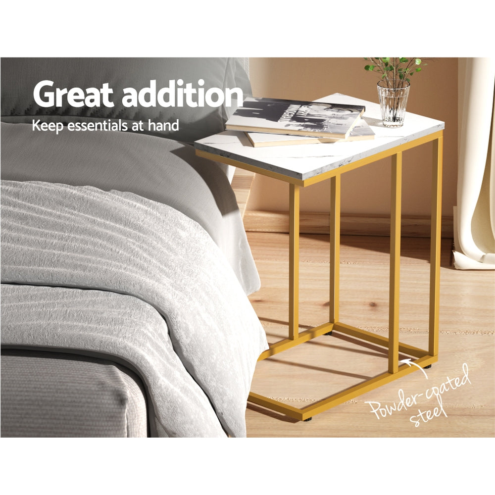 Marble-effect side table with white top and light wood frame, open lower shelf