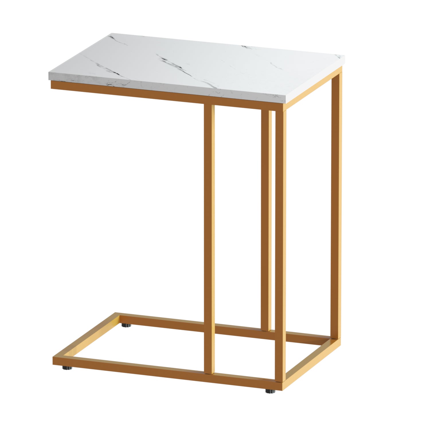 Marble-effect side table with white top and light wood frame, open bottom shelf
