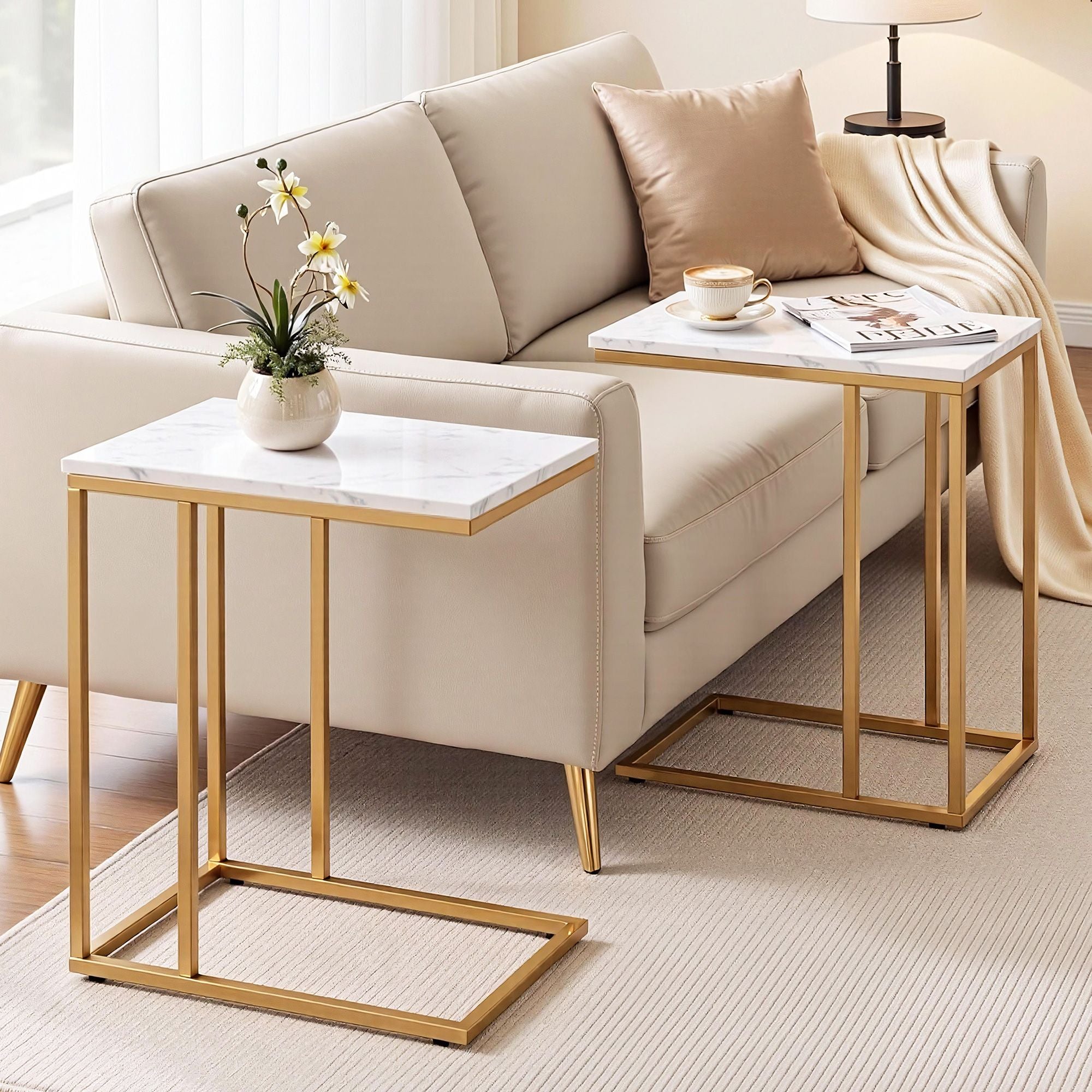 Artiss C Shaped End Table Set of 2 Coffee Table Side Table White & Gold Bedworld