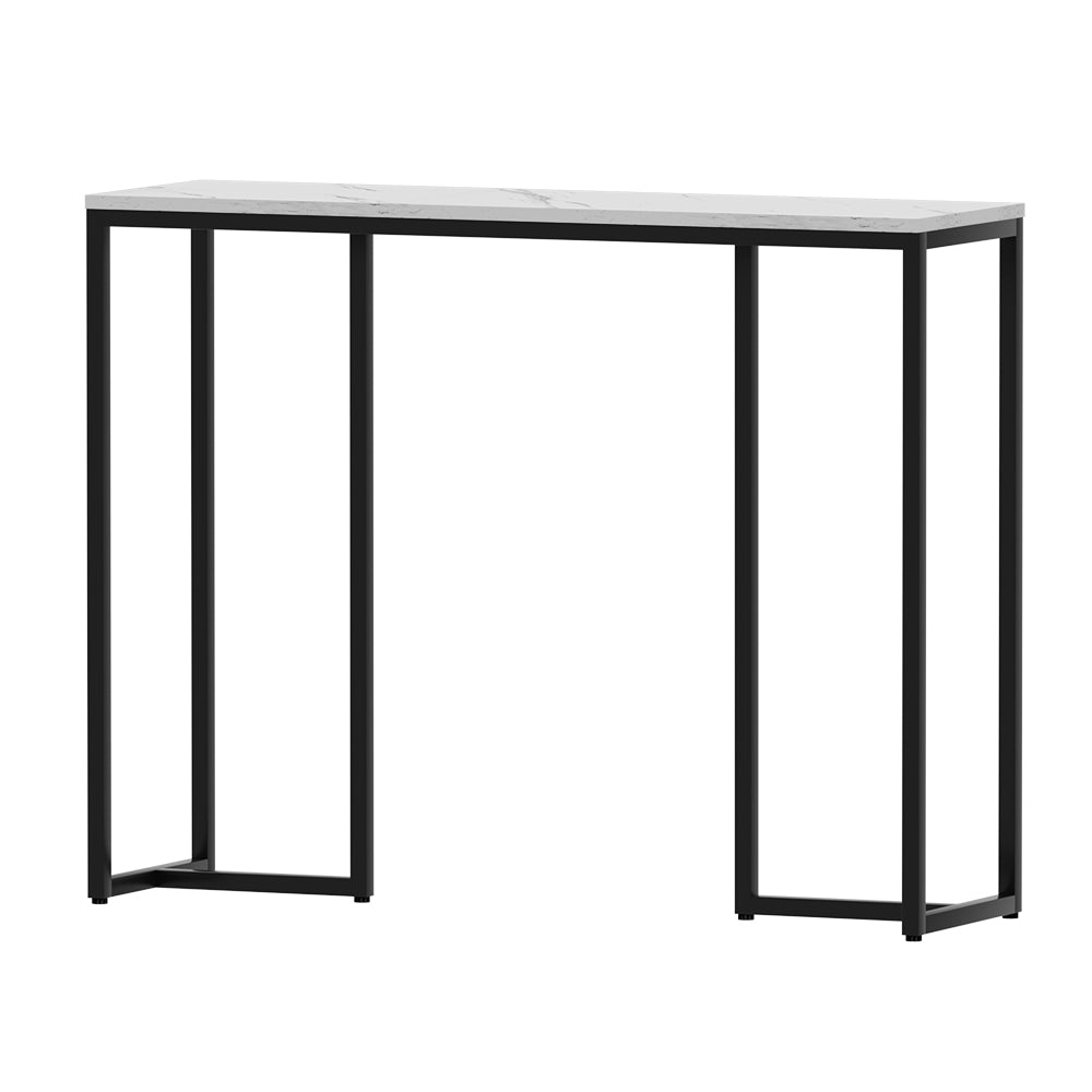 Marble-effect console table with black open base and smooth white panel fronts