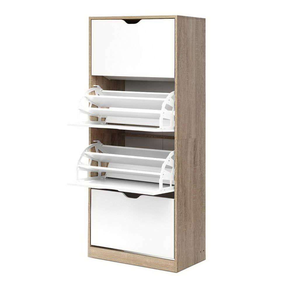 Shoe rack cabinet with pull-out shoe shelves and a white drawer front