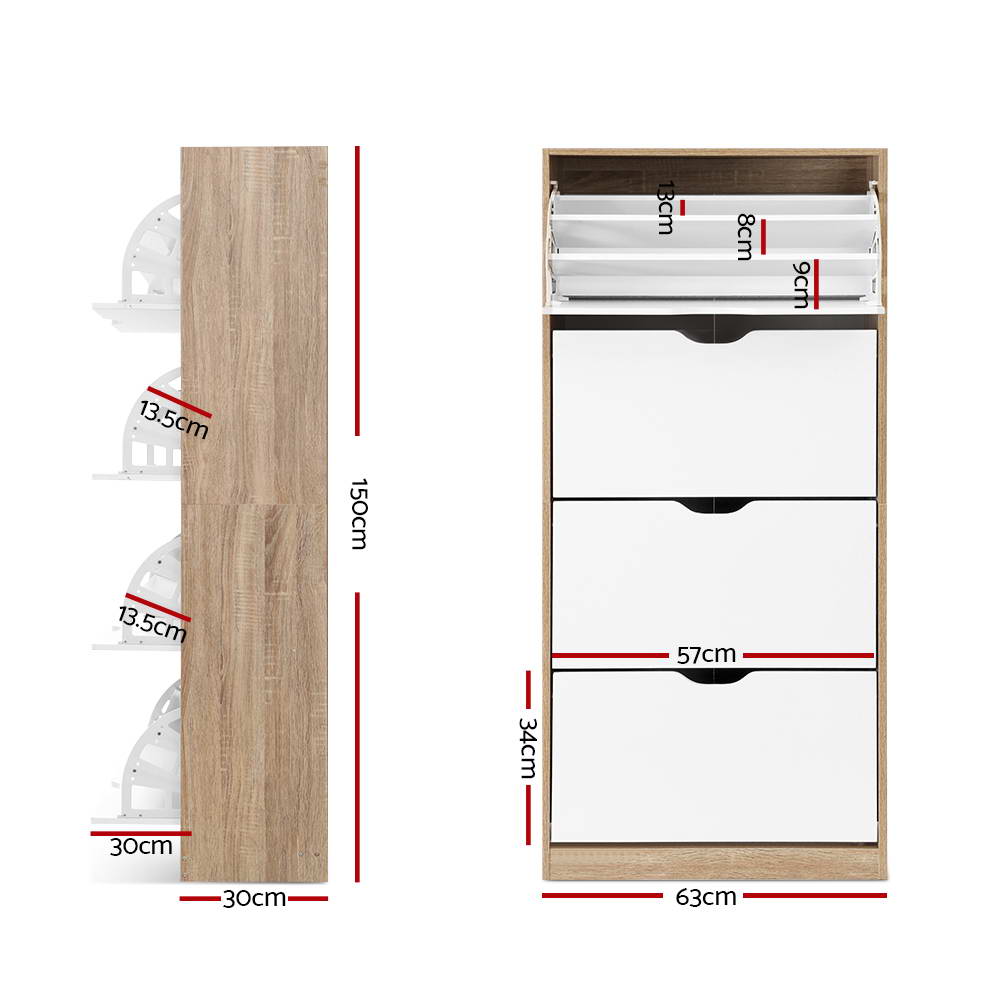 Shoe rack cabinet size diagram with red height, width, and depth measurements