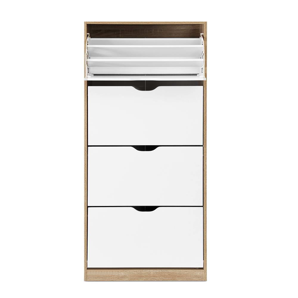 Shoe rack cabinet front view with open top shelf and three white drawers