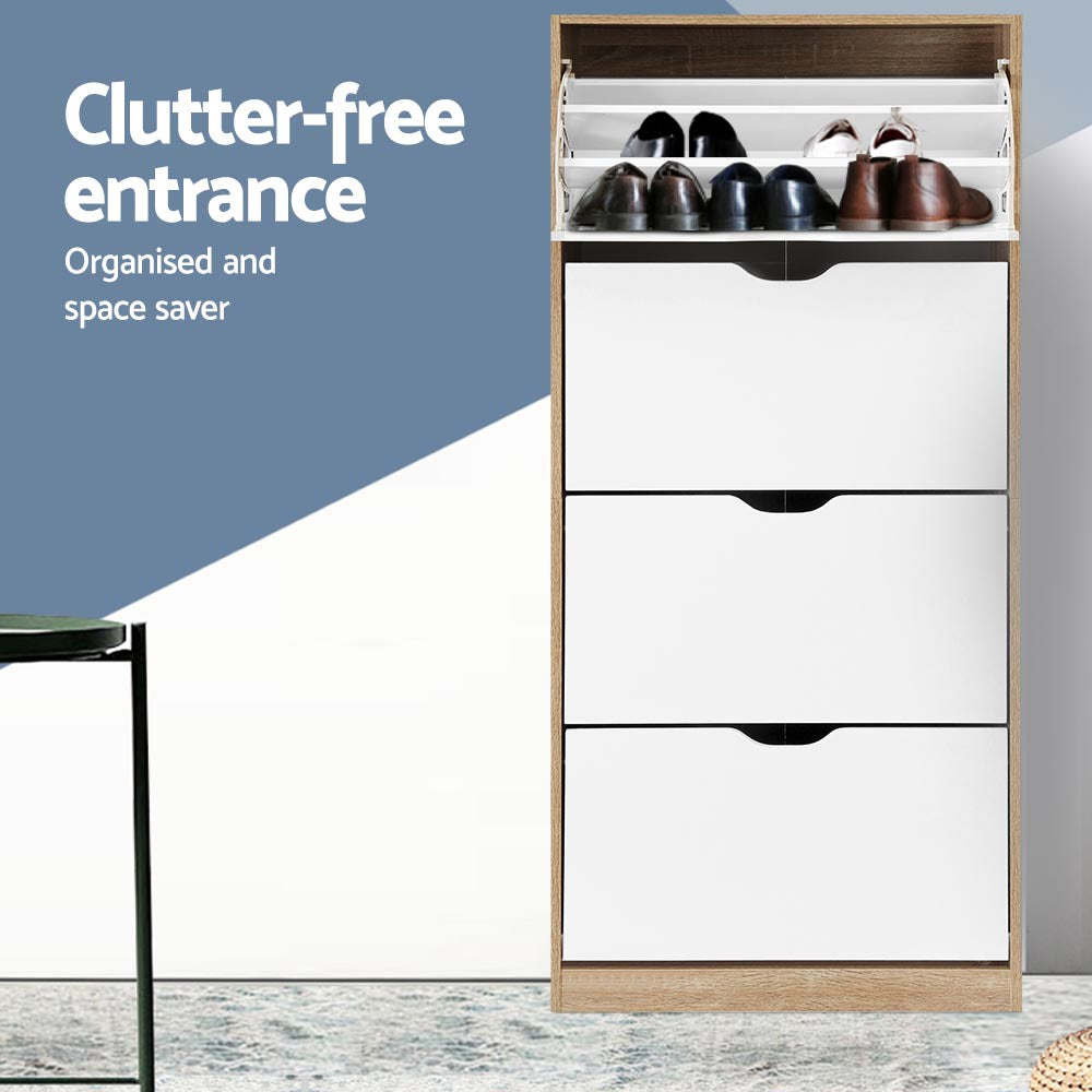 Shoe rack cabinet open top section and three drawers holding shoes