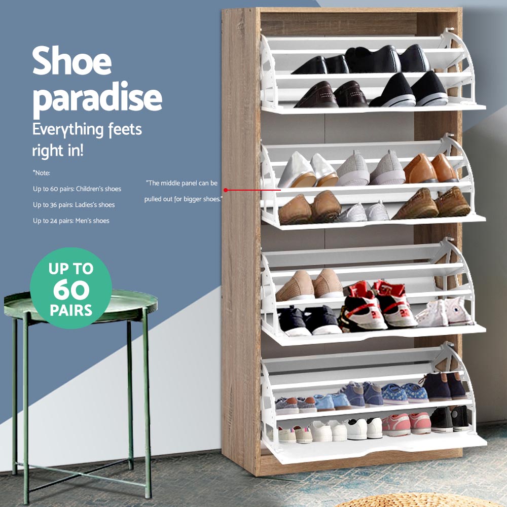 Shoe rack cabinet with open shelves and drawers filled with shoes