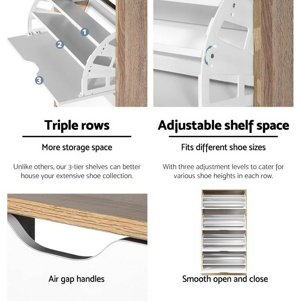 Shoe rack cabinet feature panel showing air-gap handles and adjustable shelf space