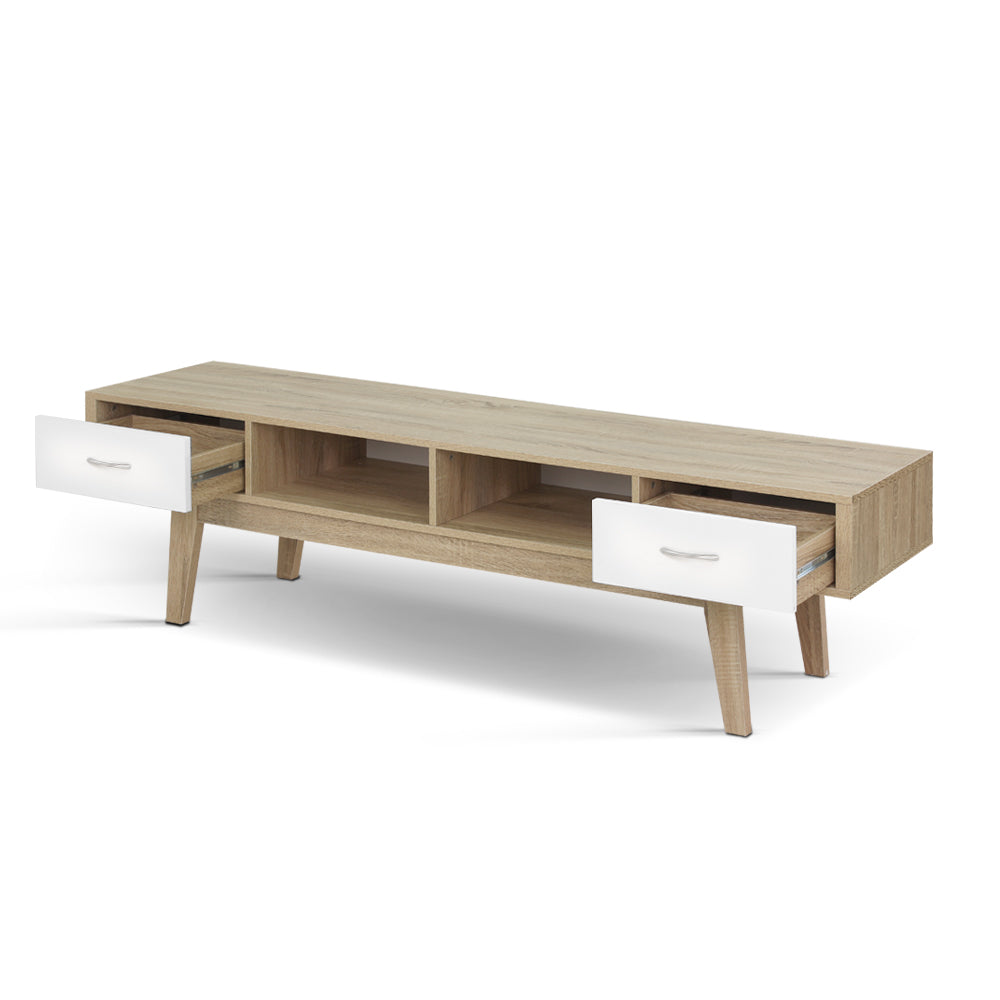Oak TV cabinet with two white drawers, central open storage, and angled wooden legs