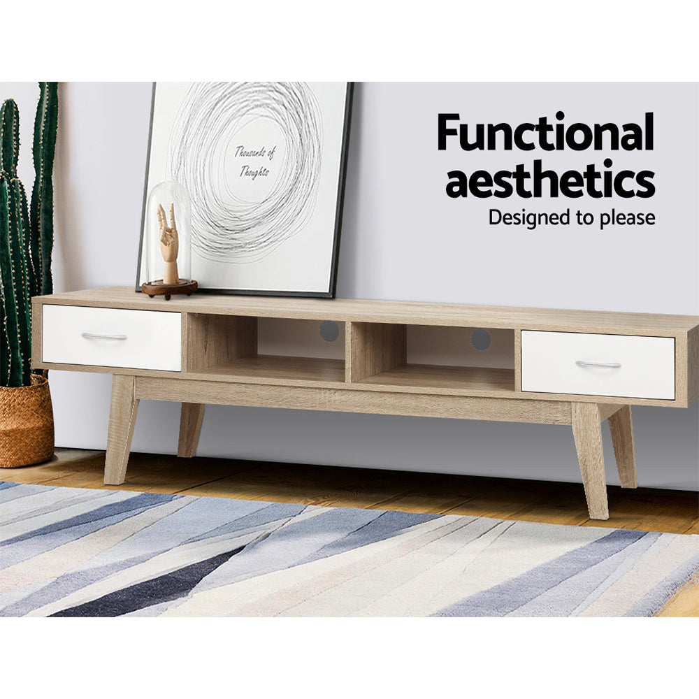 Oak TV cabinet with open shelves, two white drawers, and light grey angled legs