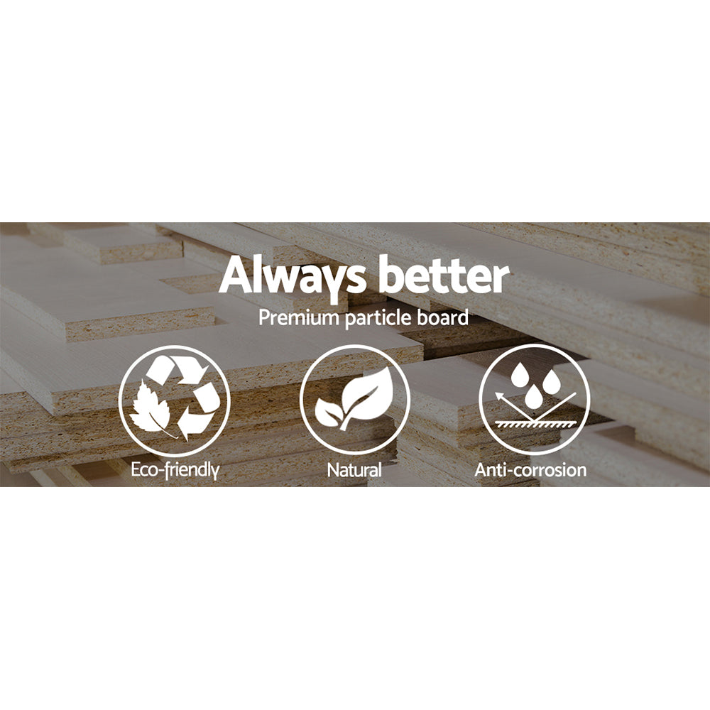 Recycling and eco icons on a product feature graphic for particle board