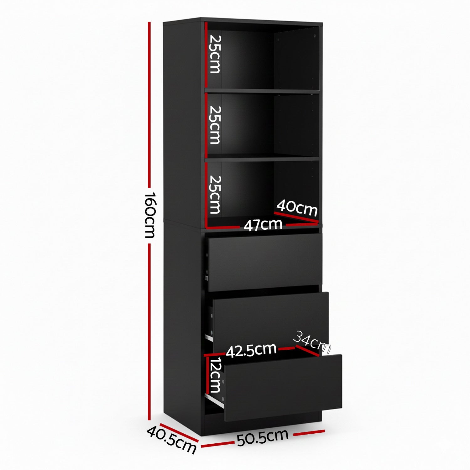 Black tallboy cabinet dimension diagram with open shelves and drawer measurements