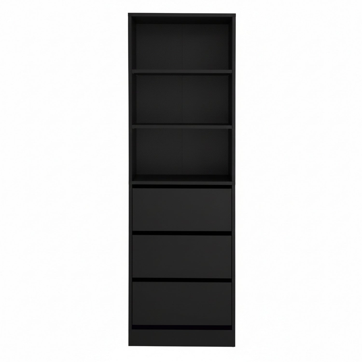 Black tallboy storage cabinet with open shelving and multiple drawer fronts
