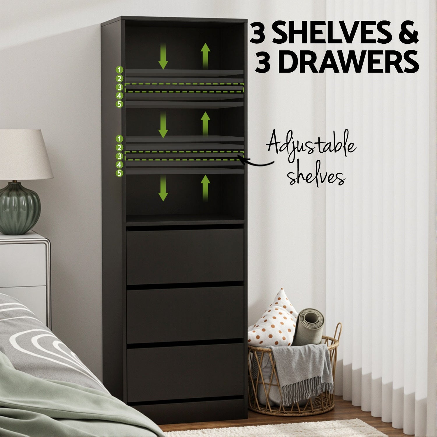 Black tallboy cabinet with adjustable shelves and drawer fronts for organized storage