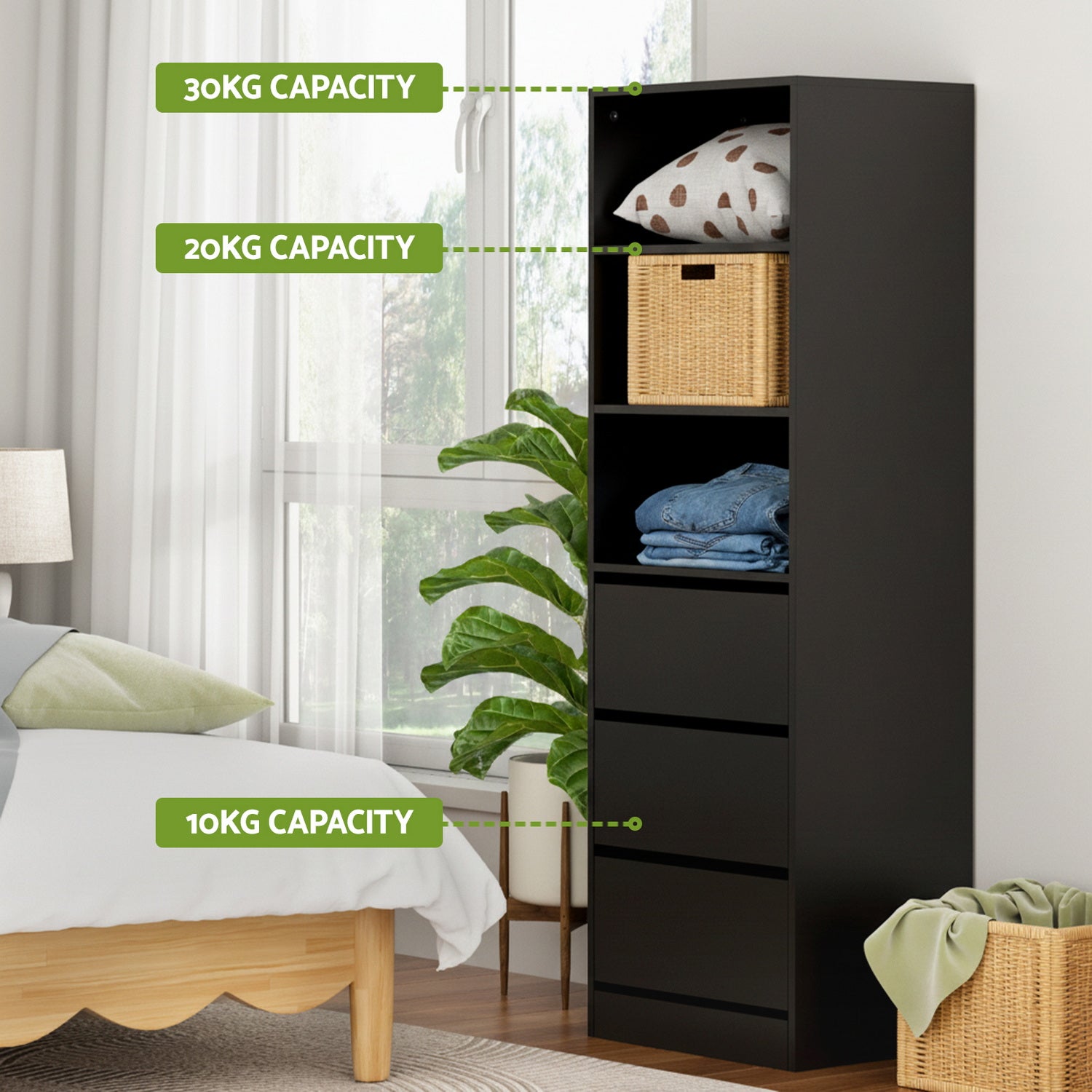Black tallboy cabinet with shelves and drawer fronts, storage capacity labels visible