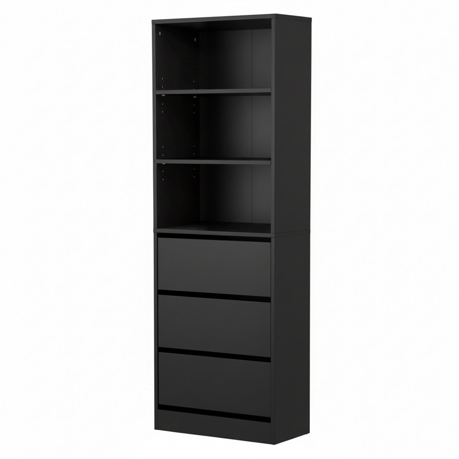 Black tallboy cabinet with open shelves and drawer fronts, front view on white