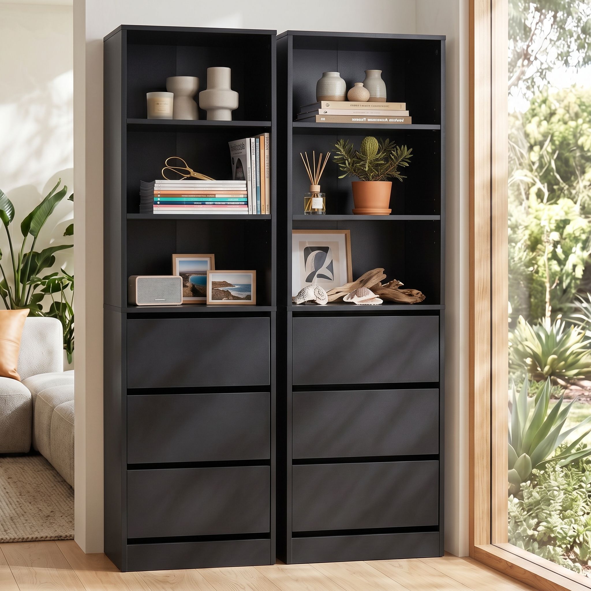 Artiss 2x Chest of 3 Drawers Tallboy Cabinet Black Bedworld