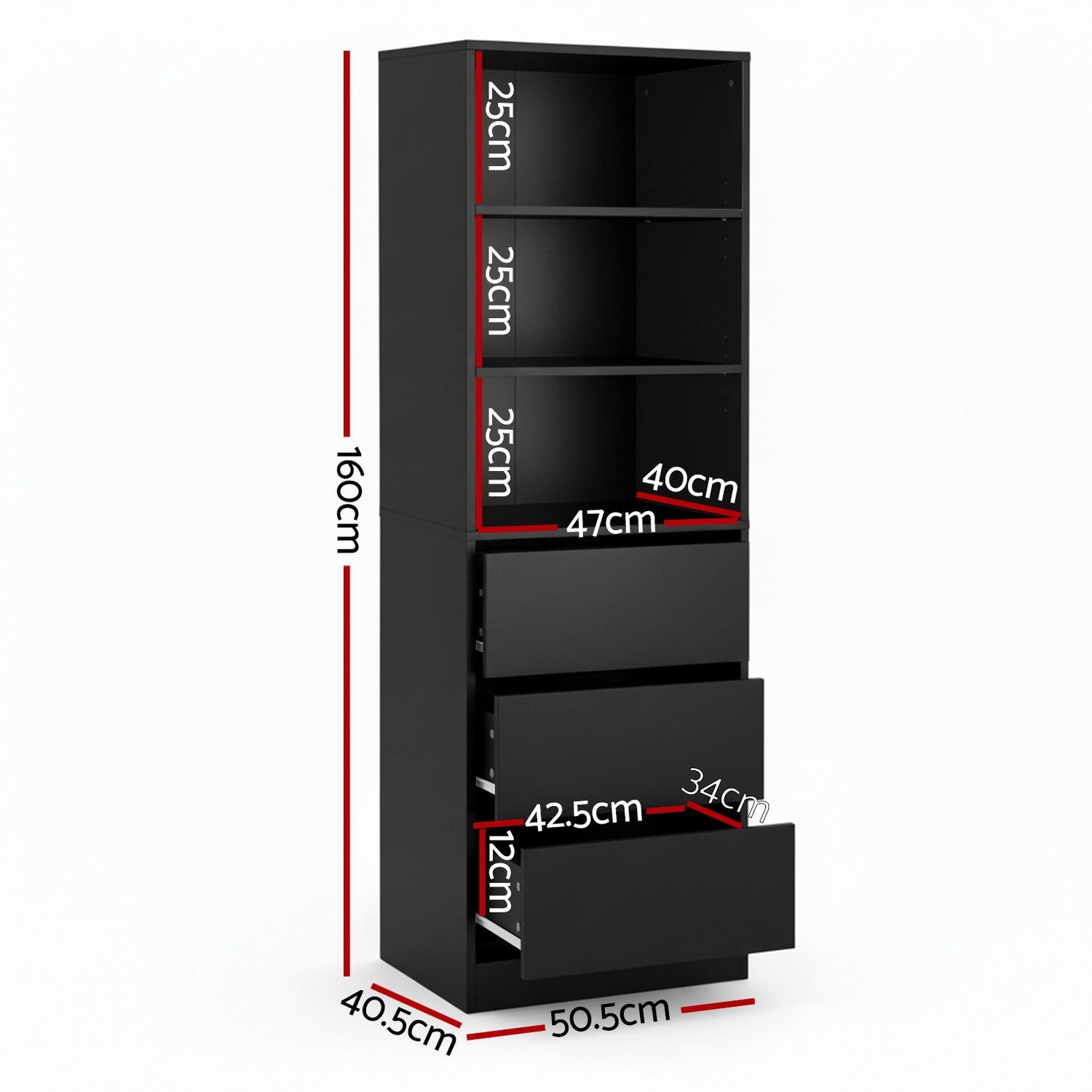 Artiss 2x Chest of 3 Drawers Tallboy Cabinet Black Bedworld