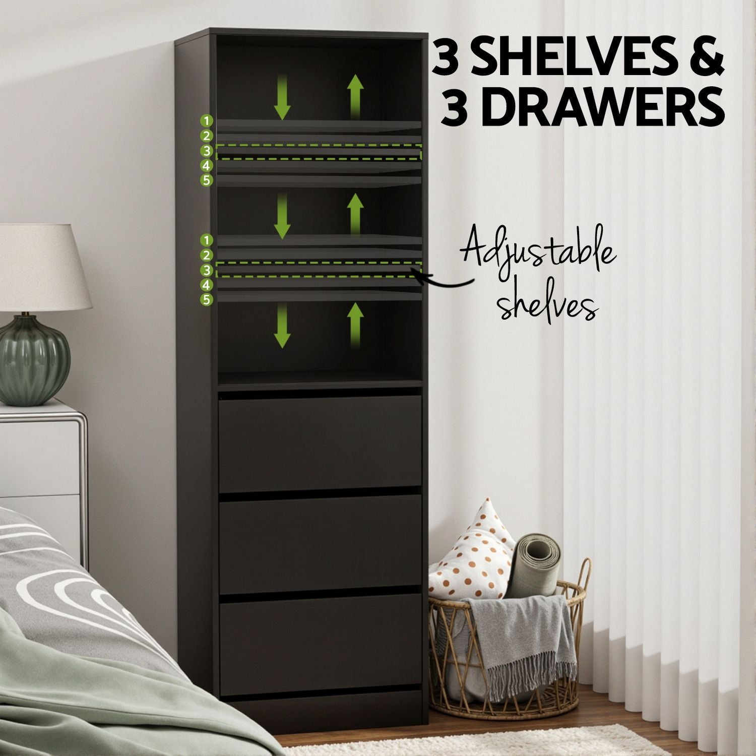 Artiss 2x Chest of 3 Drawers Tallboy Cabinet Black Bedworld
