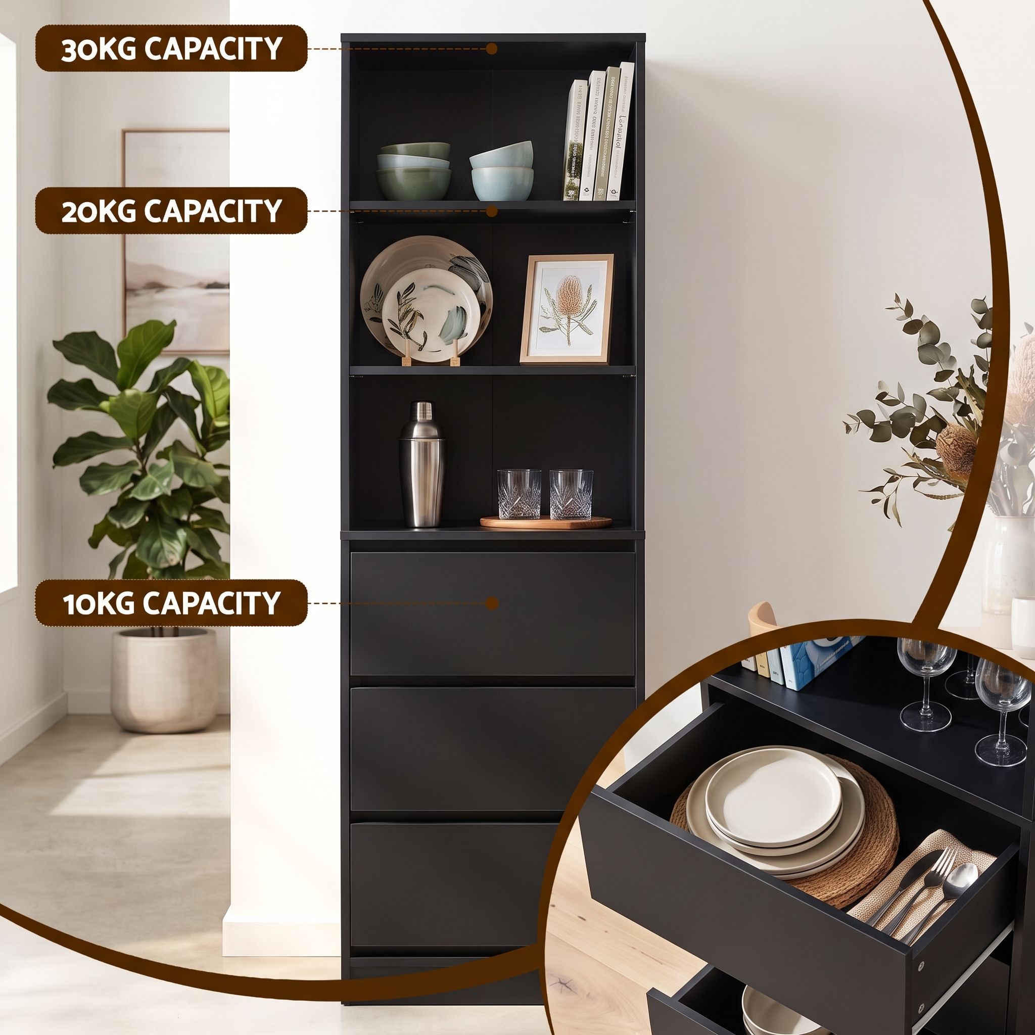 Artiss 2x Chest of 3 Drawers Tallboy Cabinet Black Bedworld