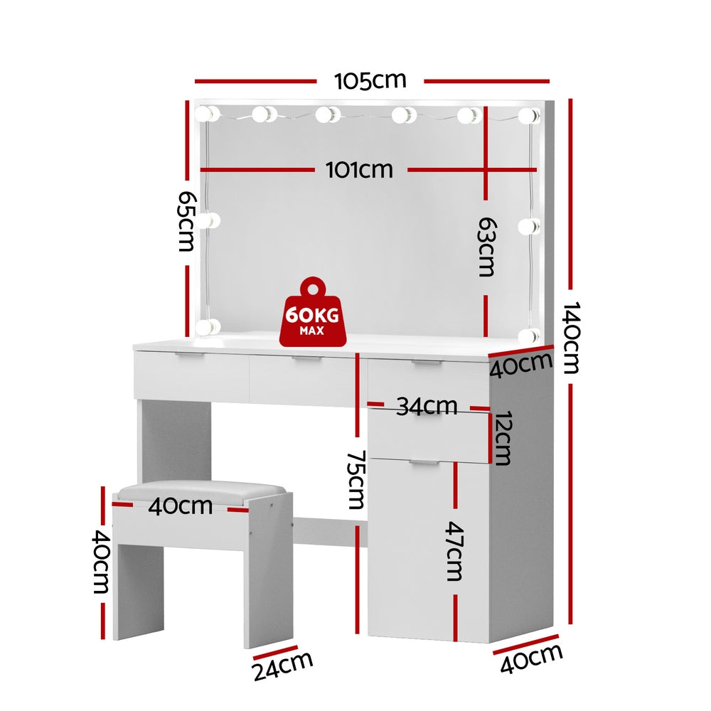 Artiss Dressing Table Set Stool 10 Led Bulbs White