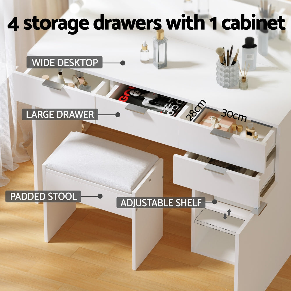 White dressing table set with drawers, adjustable shelf, and padded stool