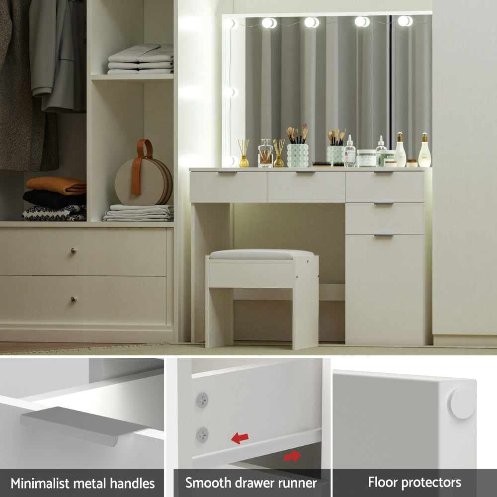 White dressing table set with mirror LED bulbs, drawers, and padded stool