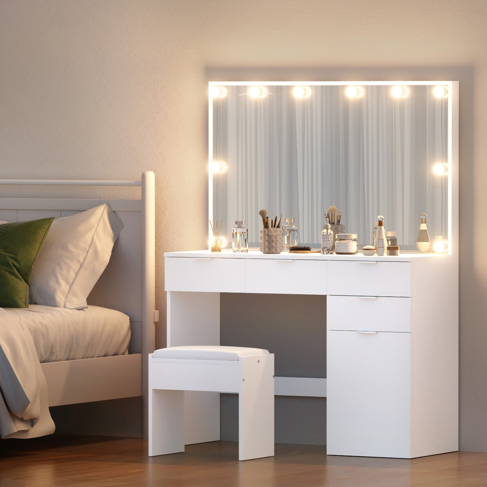 White dressing table set with mirror LED bulbs and matching padded stool