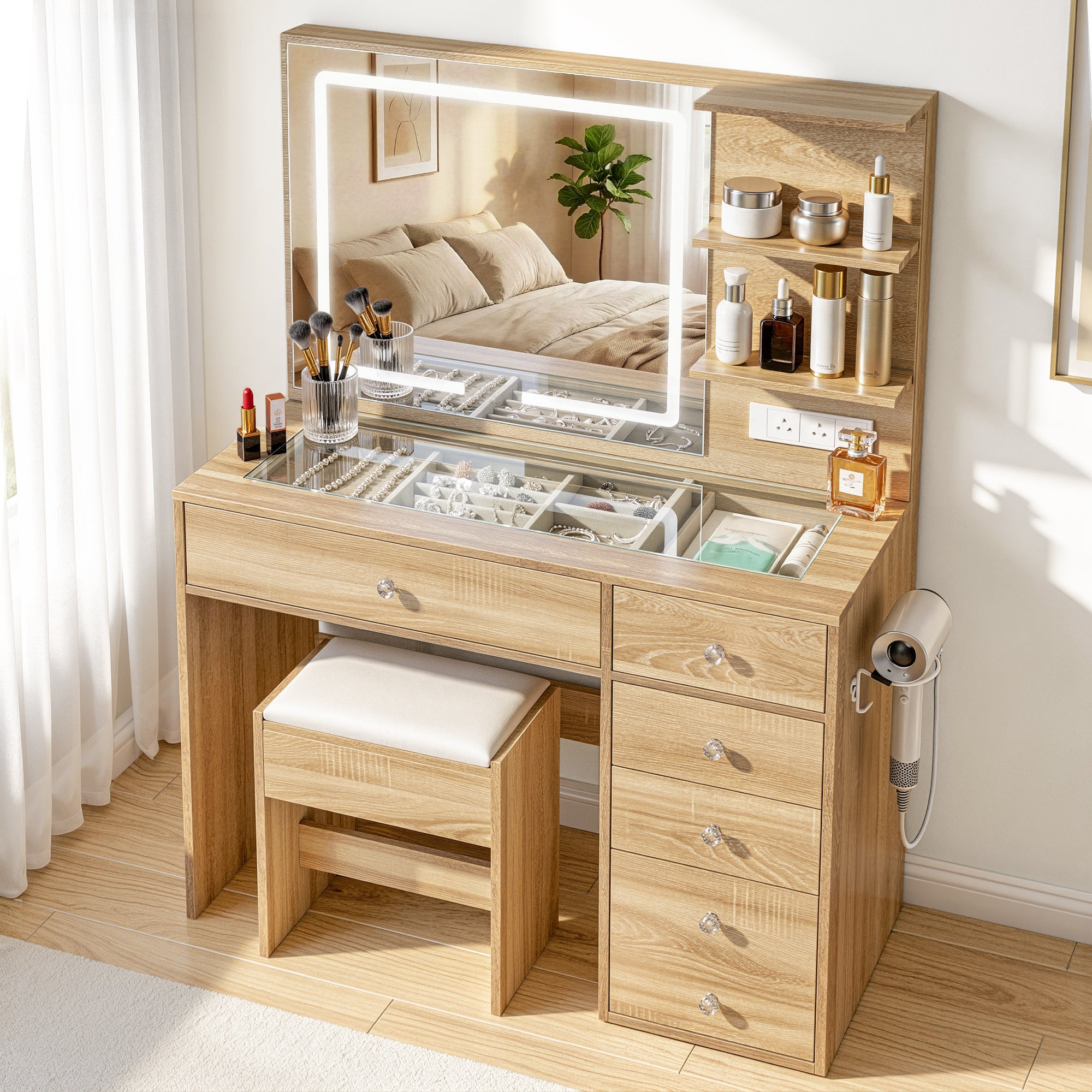 Artiss Dressing Table LED Vanity Desk Set Stool Wood Bedworld