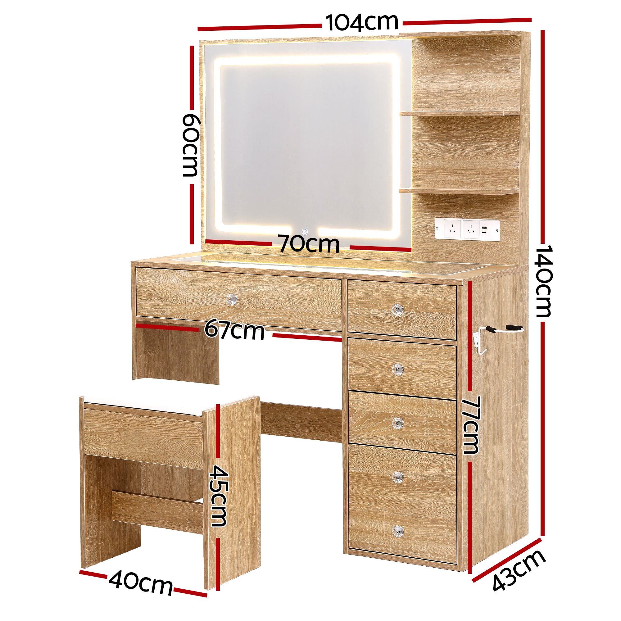 Artiss Dressing Table LED Vanity Desk Set Stool Wood Bedworld