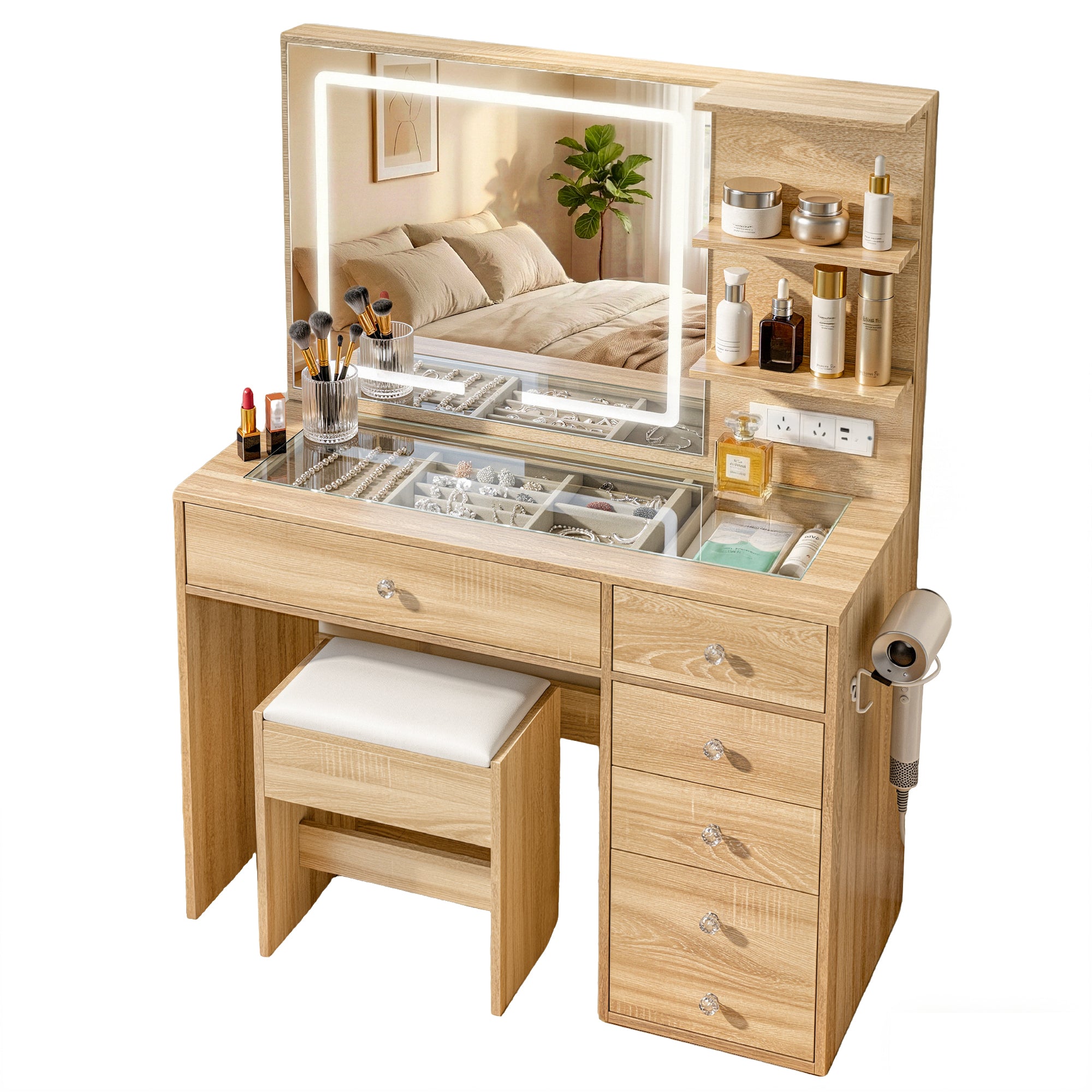 Artiss Dressing Table LED Vanity Desk Set Stool Wood Bedworld