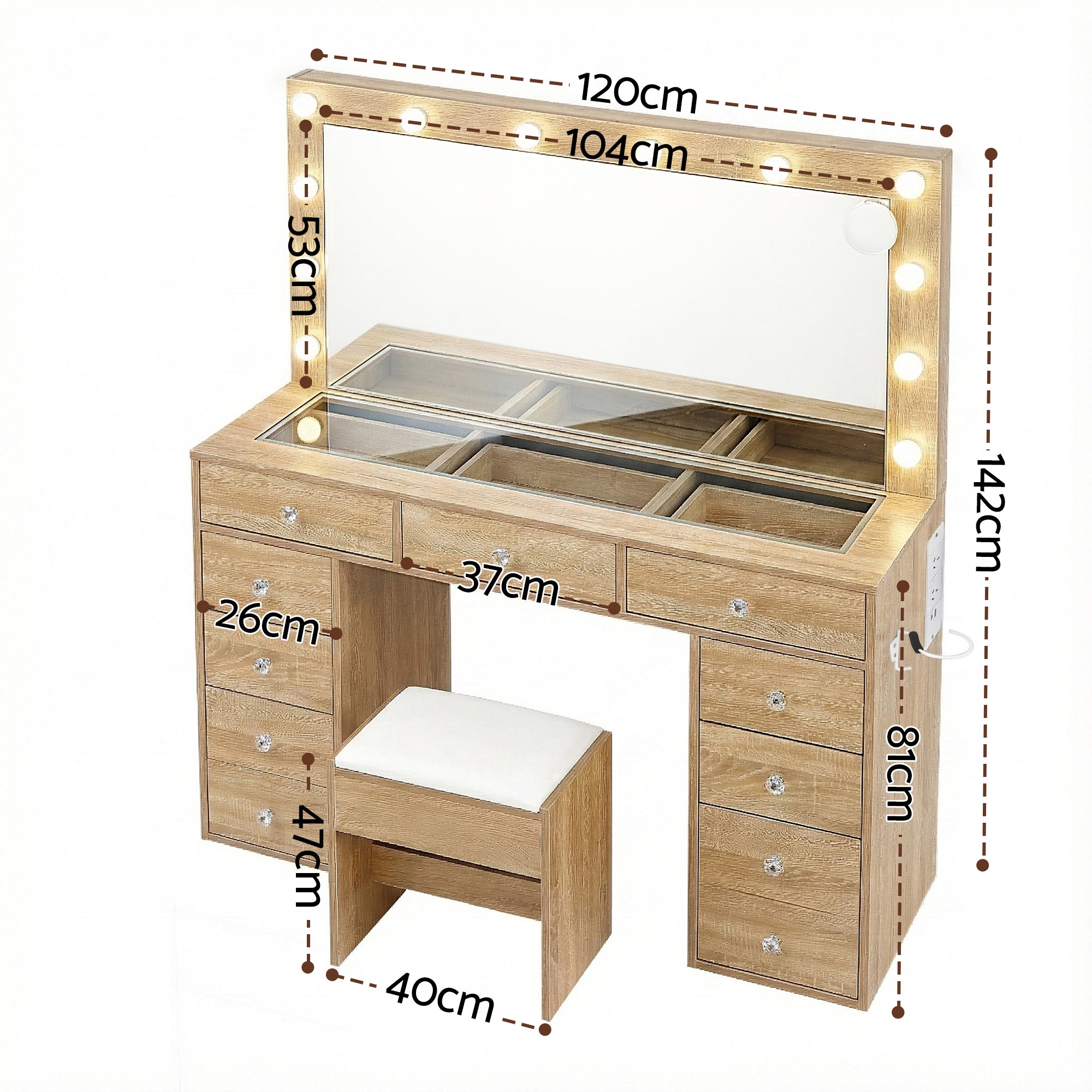 Wood dressing table vanity with LED bulbs, mirrored glass top, and drawers
