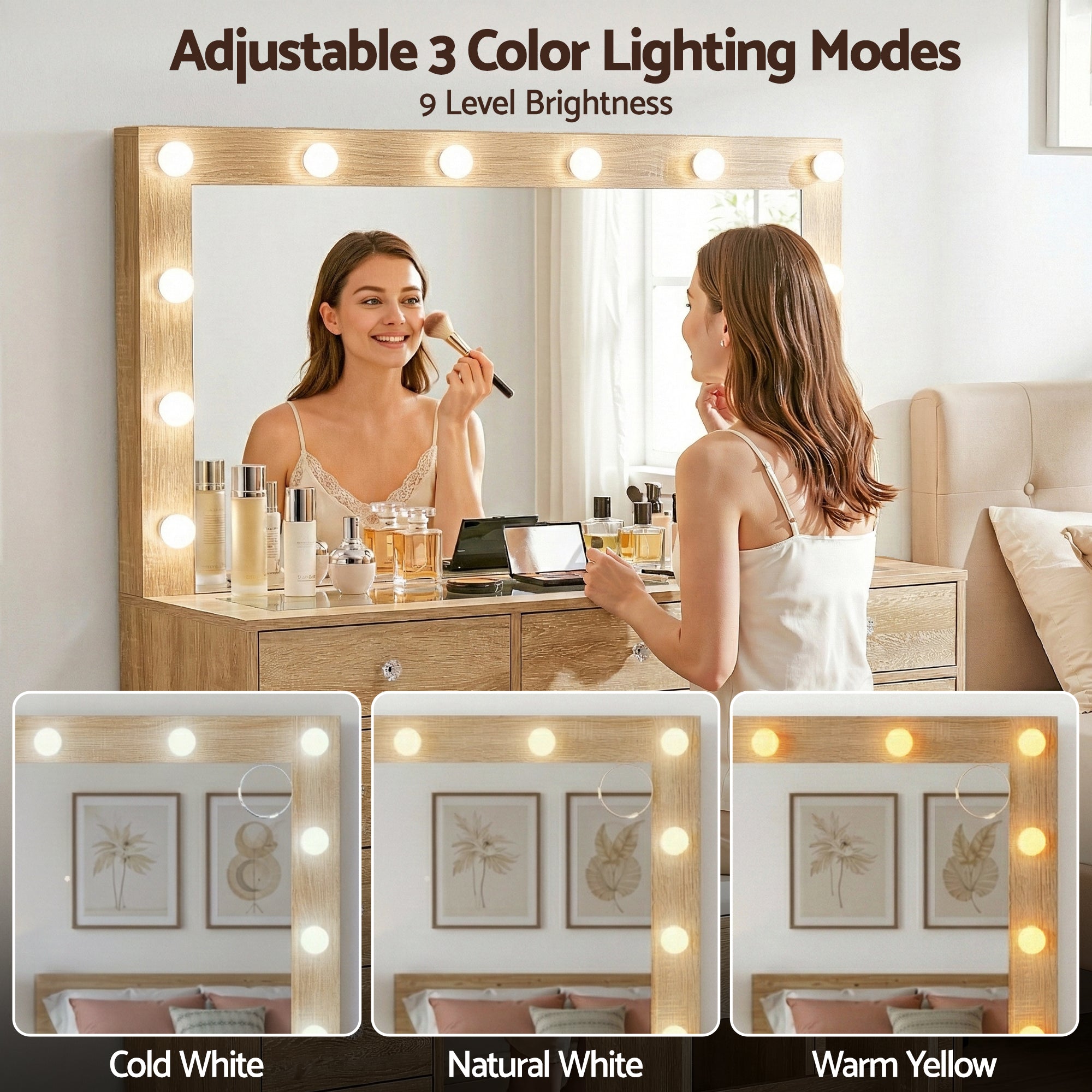 Wood dressing table vanity with LED bulbs, mirror, and integrated drawers with stool