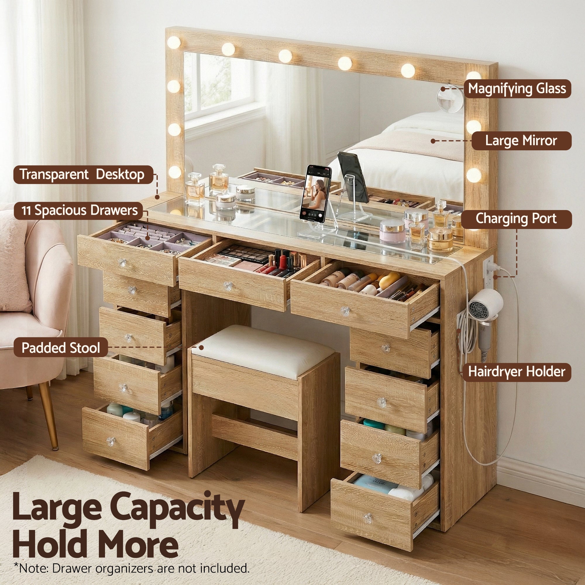 Wood vanity desk set with transparent top, LED bulbs, multiple drawers, and padded stool