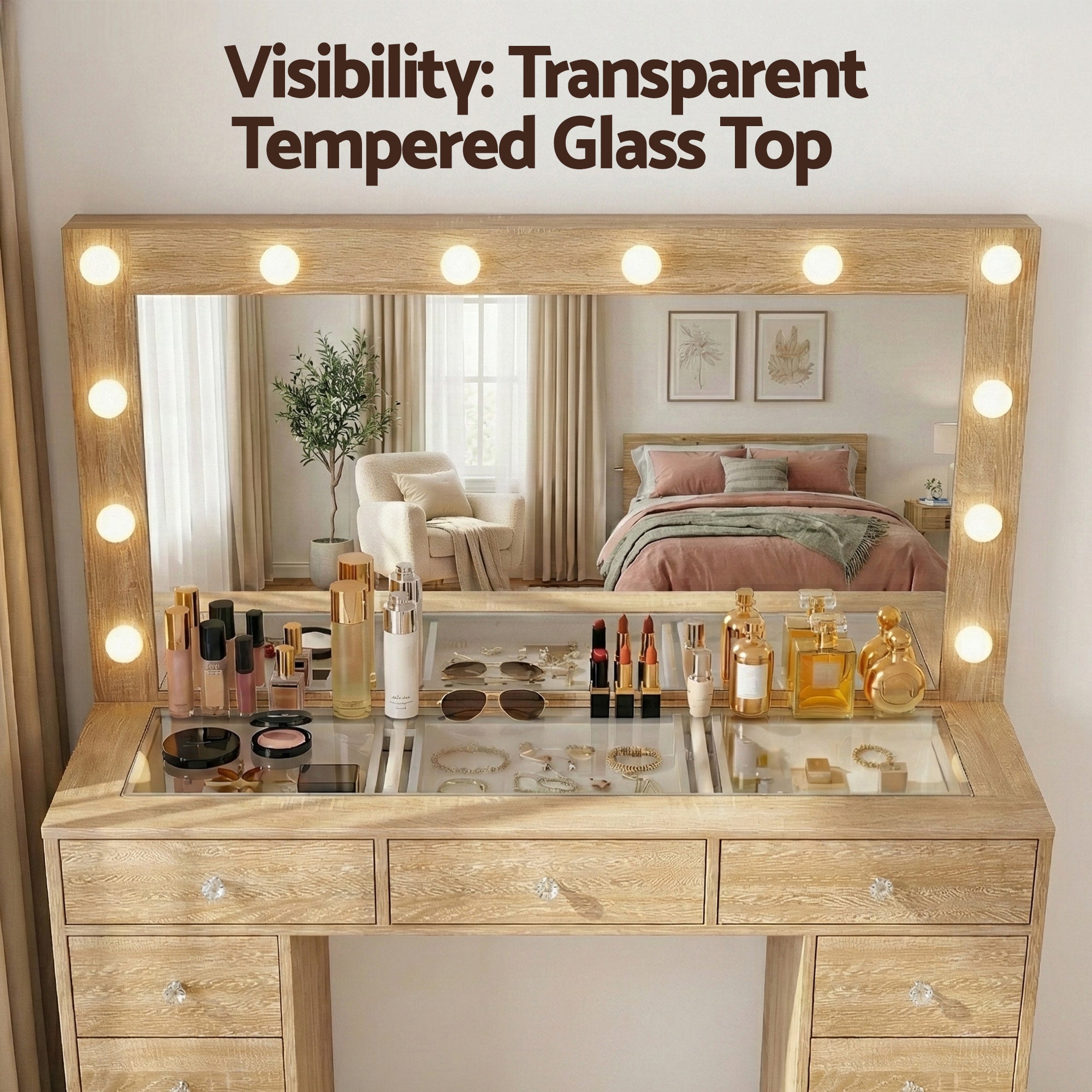 Wood dressing table vanity with LED bulbs and transparent tempered glass top