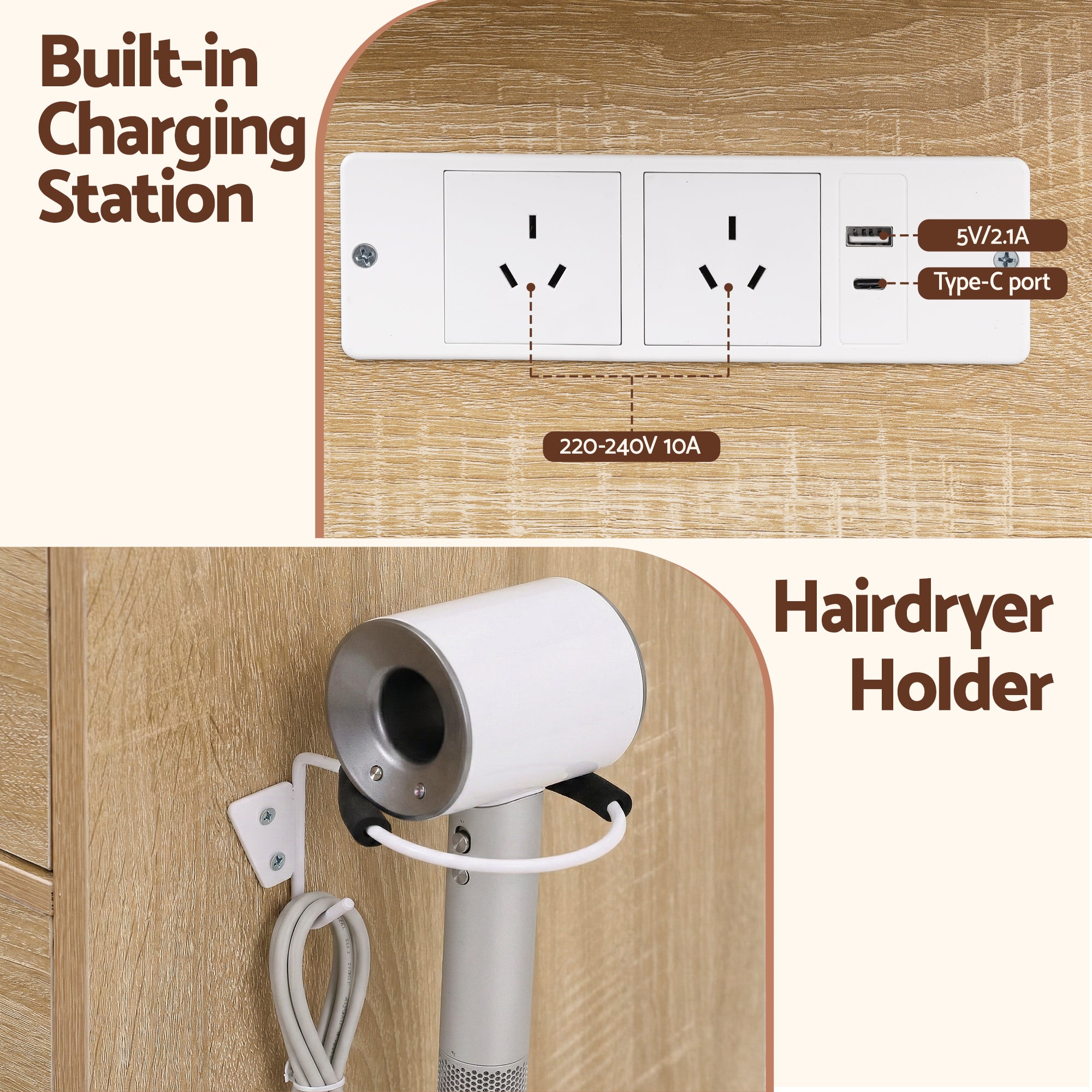 Built-in charging socket and hairdryer holder on a wooden dressing table