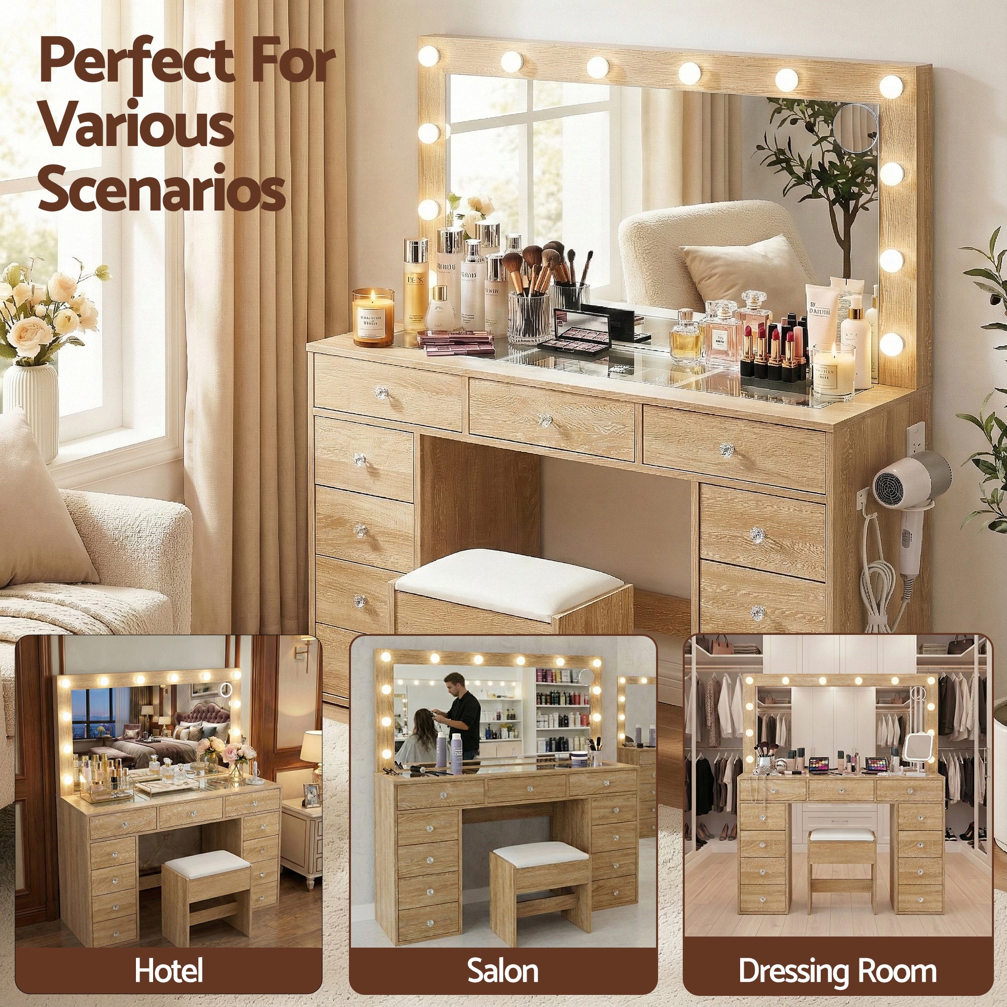Wood dressing table vanity with LED bulbs, mirror, and white stool