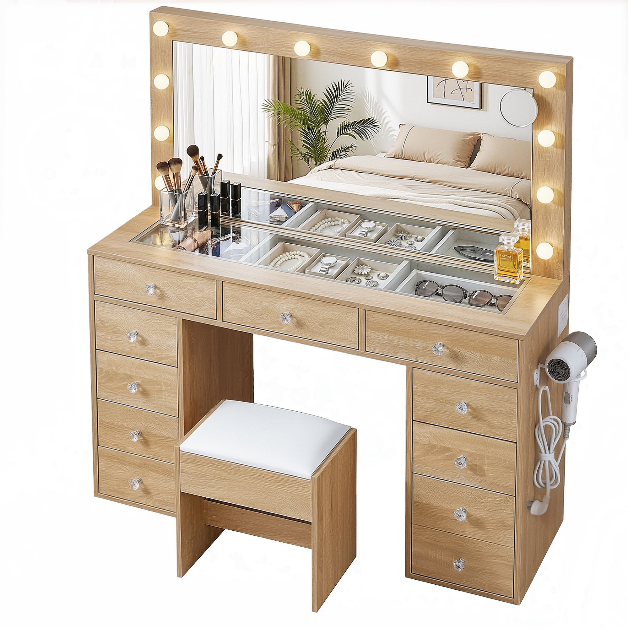 Wooden dressing table vanity set with LED bulbs, mirrored glass top, and padded stool
