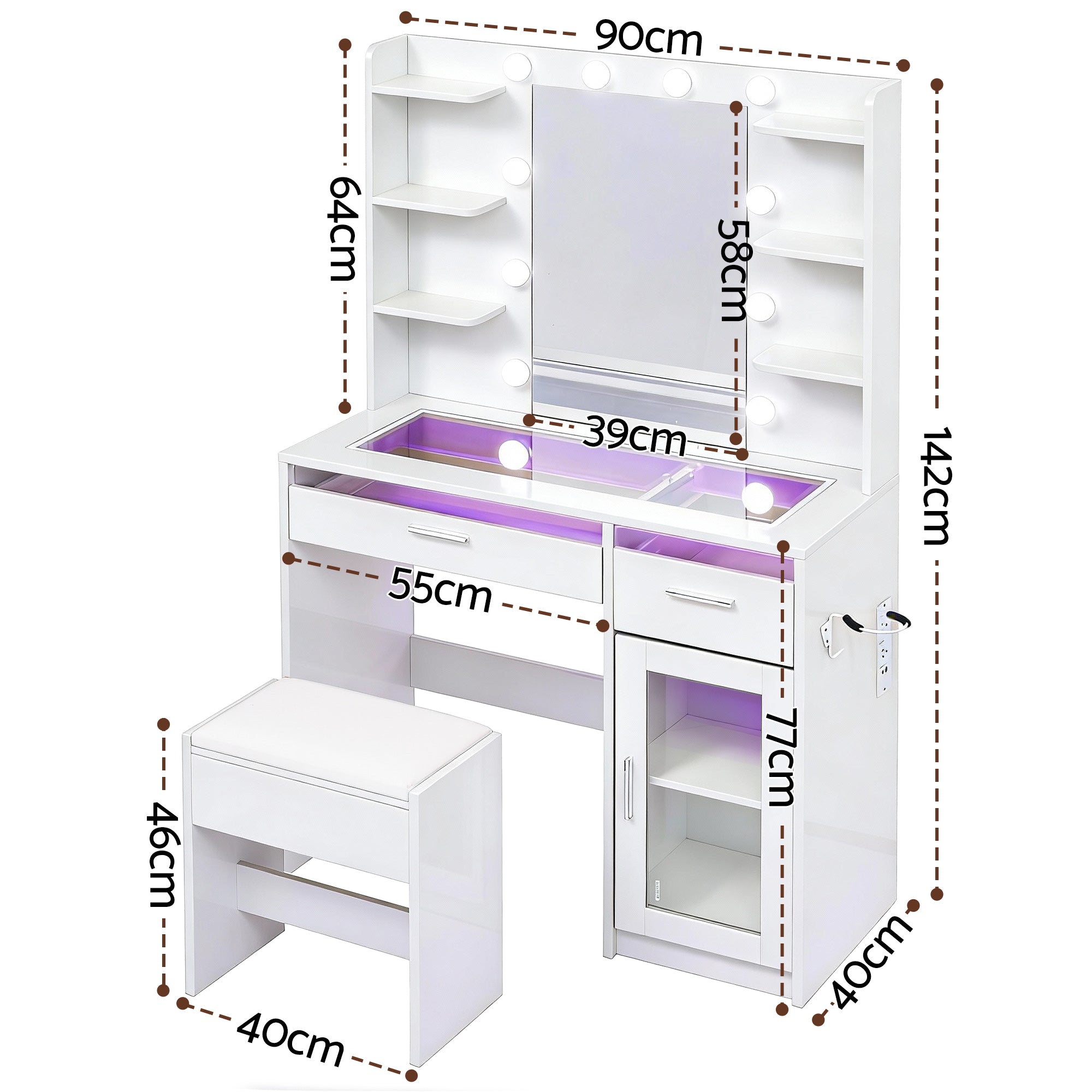 Artiss Dressing Table Vanity Desk Set 10 LED Bulbs RGB Light White