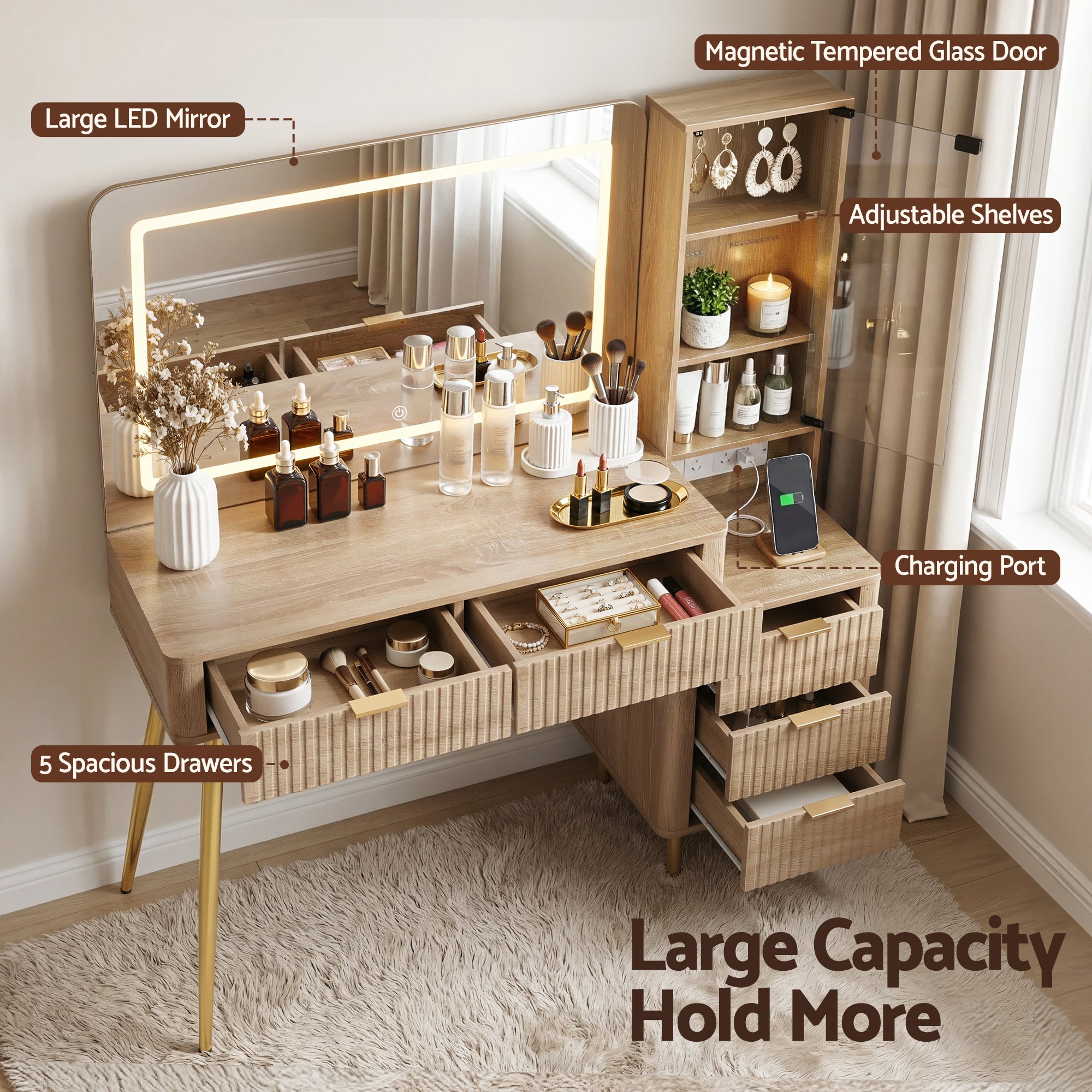 Artiss Dressing Table LED Vanity Desk Charging Station Wood