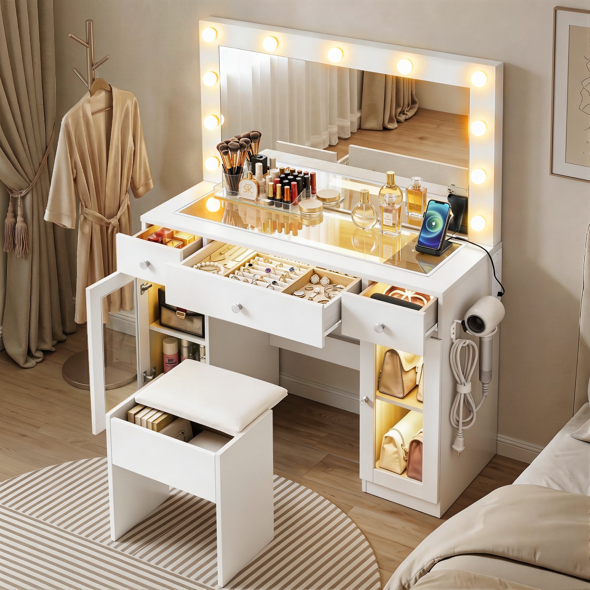 Artiss Dressing Table Vanity Desk Set LED Bulbs RGB Light White Bedworld