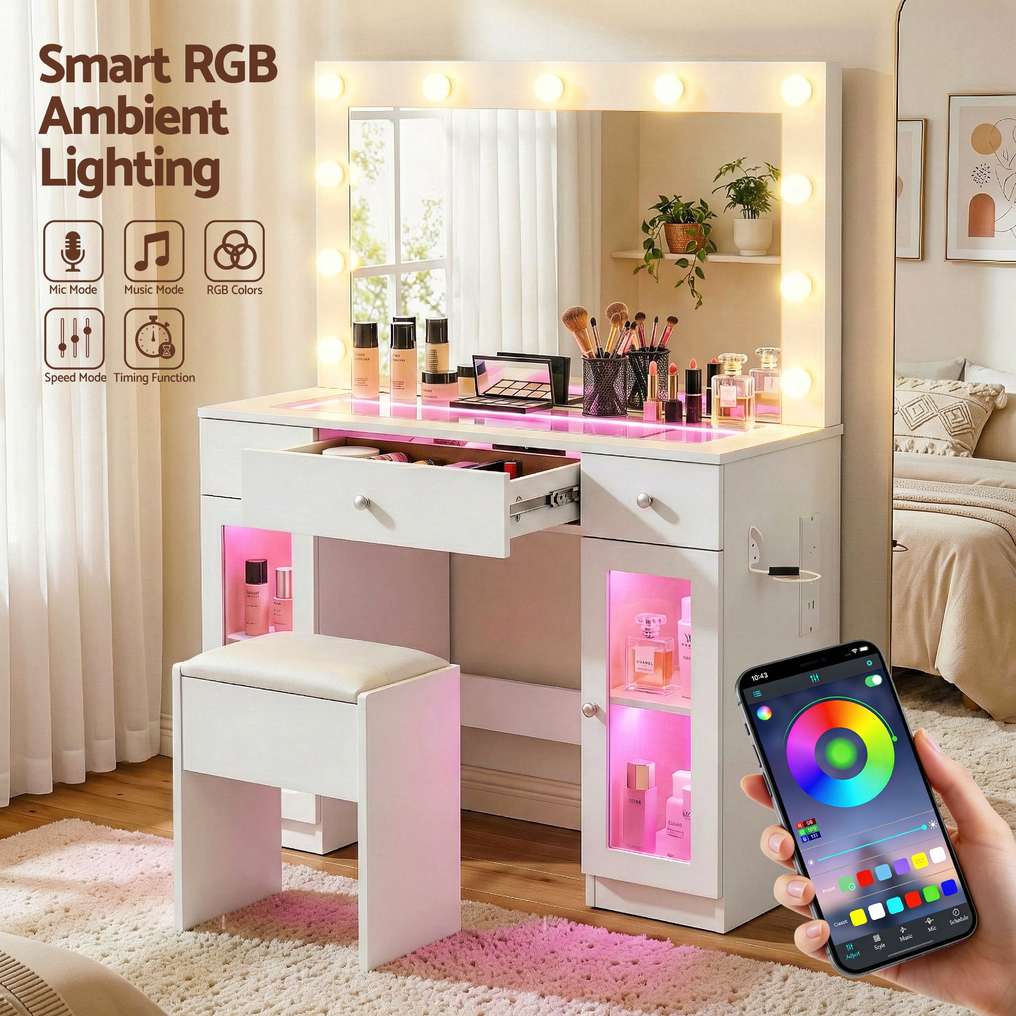 Artiss Dressing Table Vanity Desk Set LED Bulbs RGB Light White Bedworld