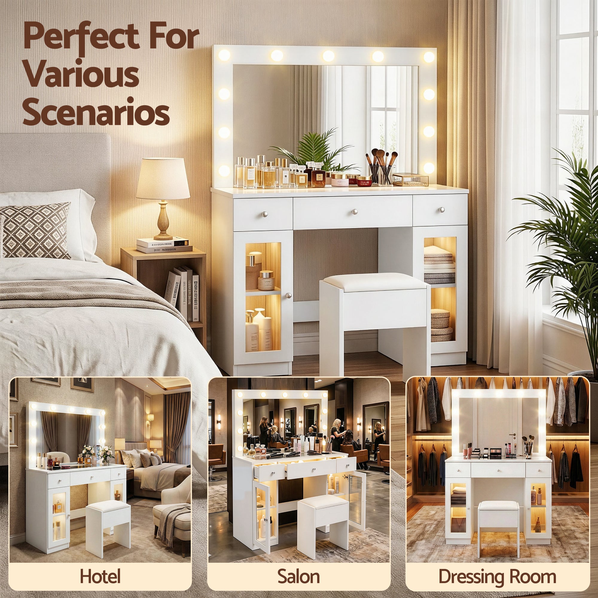 Artiss Dressing Table Vanity Desk Set LED Bulbs RGB Light White Bedworld